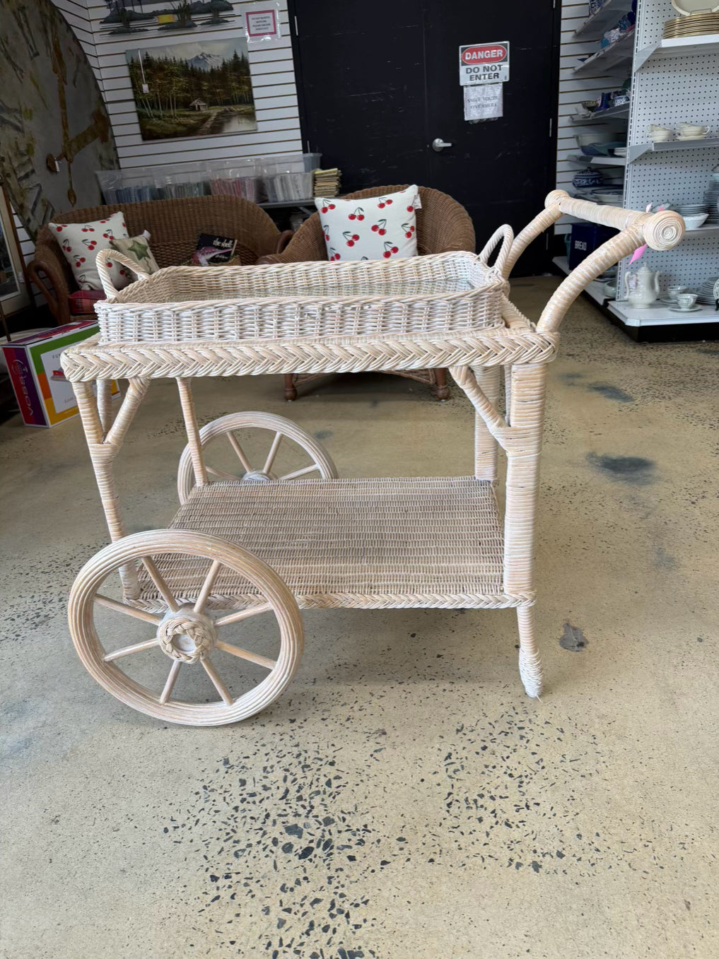 HENRY LINK Cream Wicker Bar Cart w/ Tray