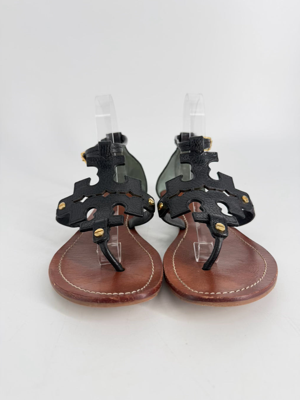 TORY BURCH Size 8 Black Leather Monogram Sandals