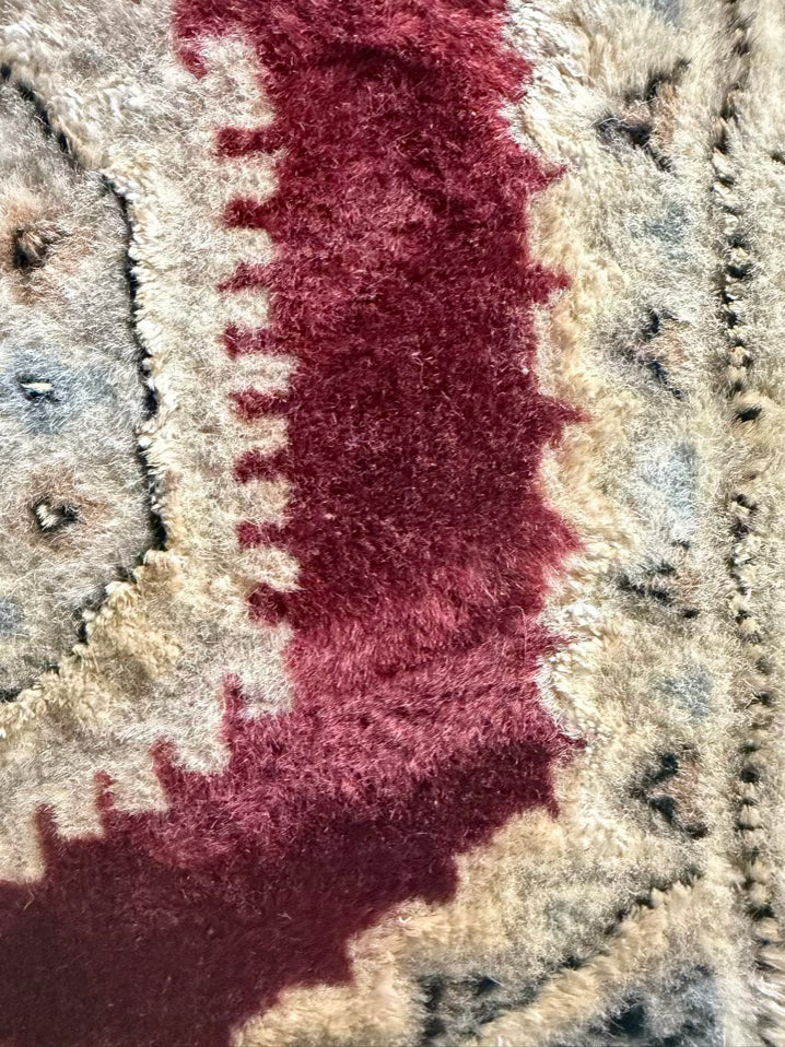 TURKISH Burgundy & Cream Wool Jaldar Fringe Area Rug