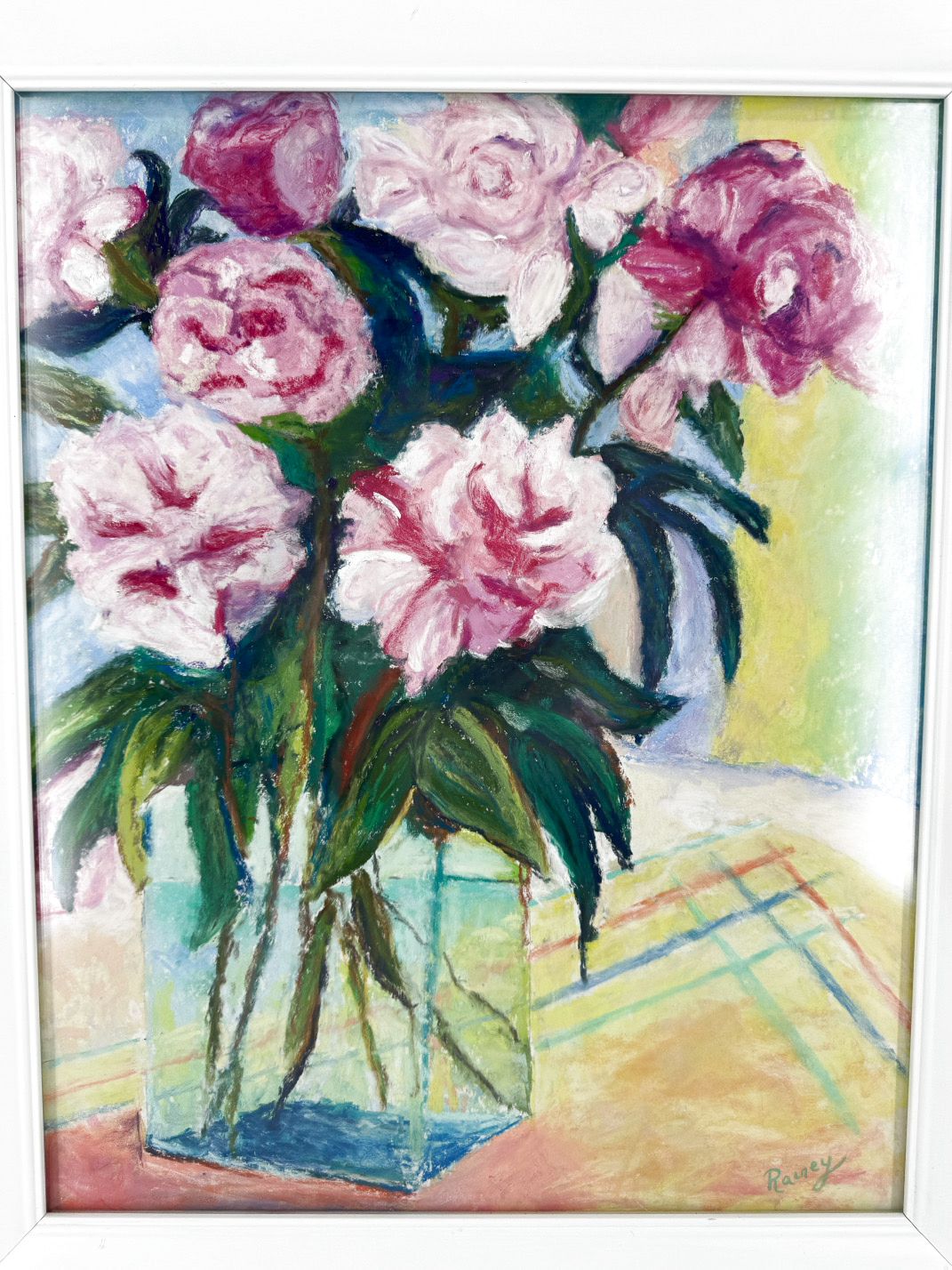 RAINEY Pink Flowers in Glass Vase in White Wood Frame
