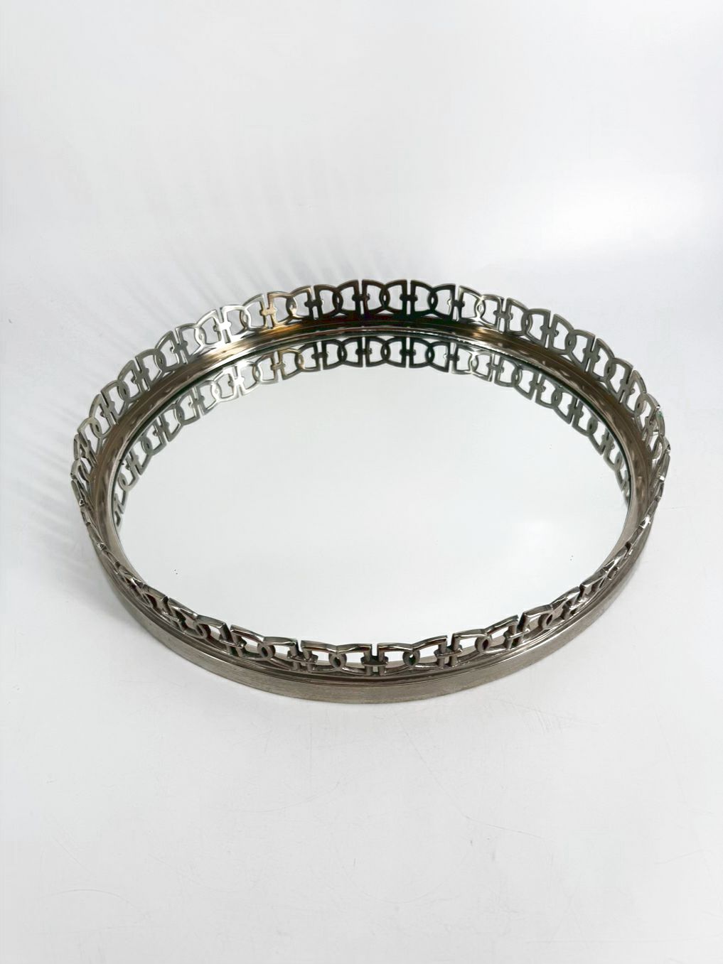 ETHAN ALLEN Silver Metal Oval Mirrored Tray