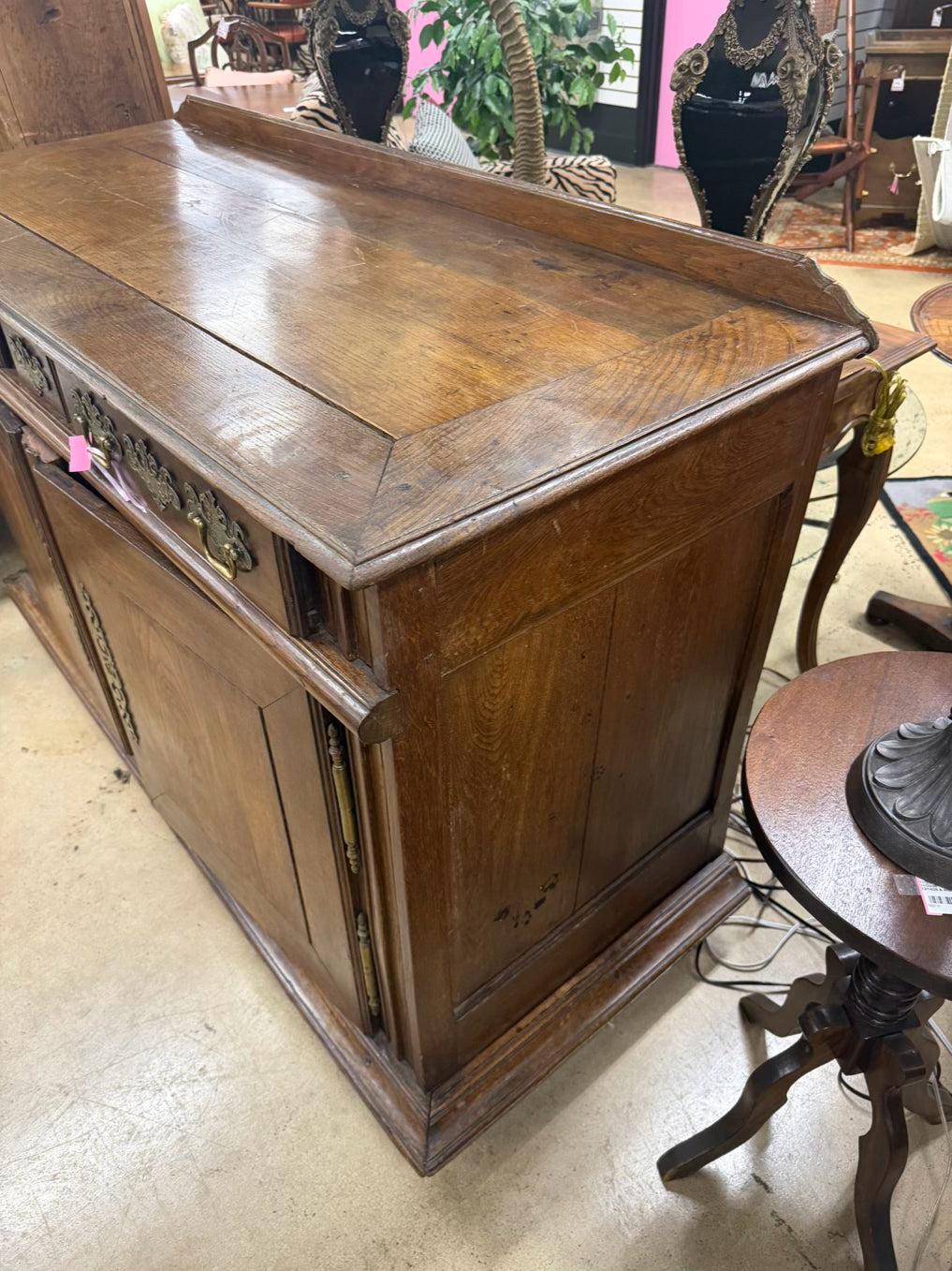 ANTIQUE Medium Dark Oak French Side Board w/ Large Brass Trim