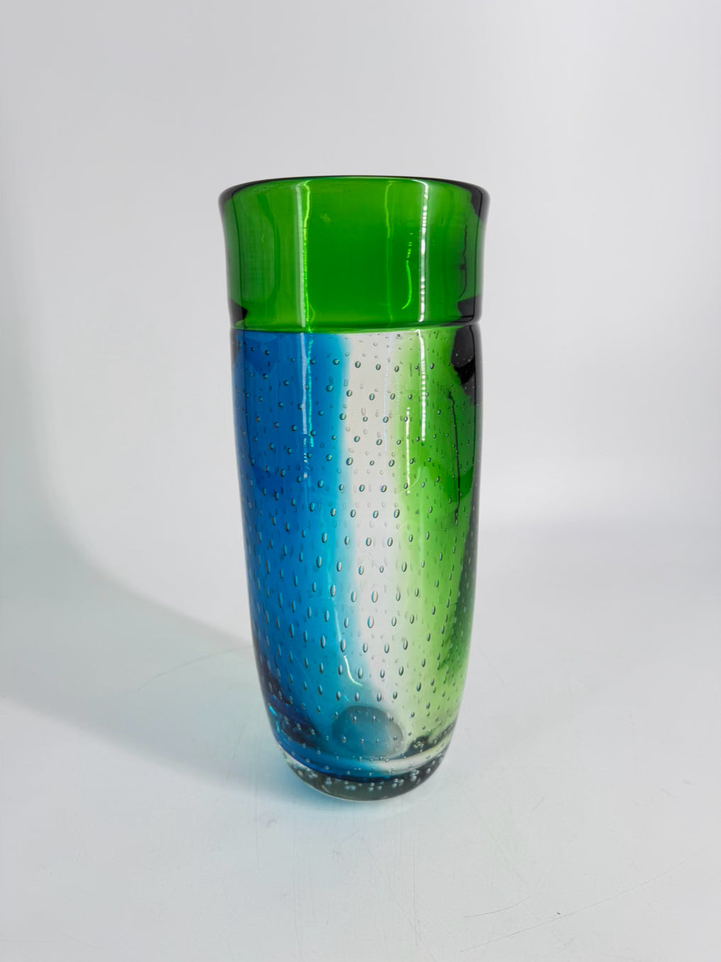 Blue & Green Hand Blown Bubble Glass Cylinder Vase