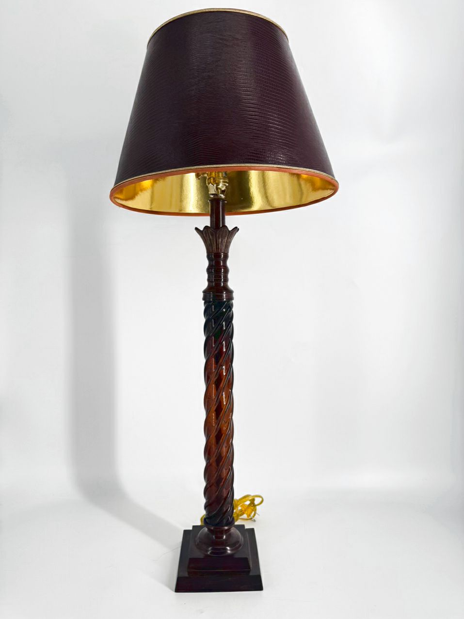 VINTAGE THE BRADBURY GALLERY Amber Glass Lamp w/ Leather Look Shade