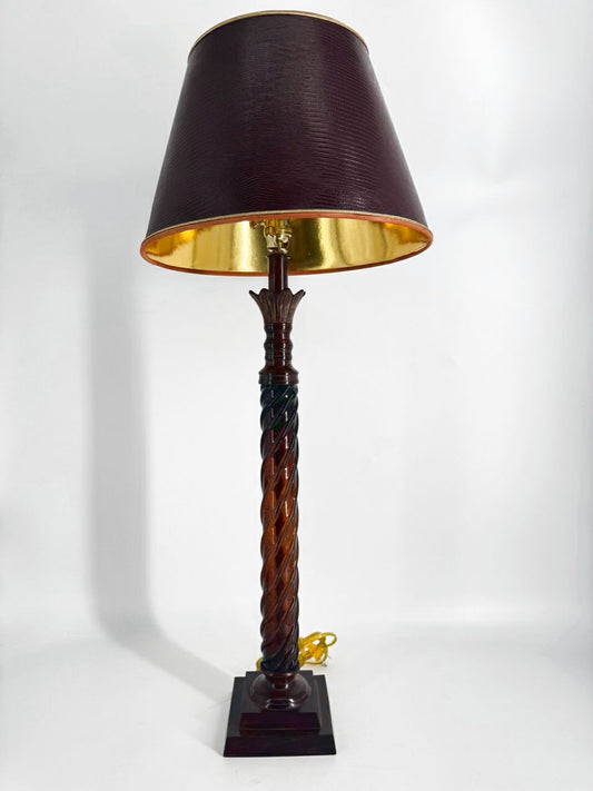 VINTAGE THE BRADBURY GALLERY Amber Glass Lamp w/ Leather Look Shade