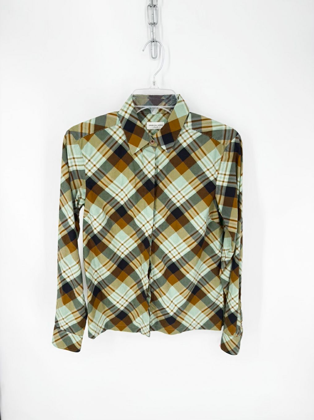 DRIES VAN NOTEN Wmn's Size 38 Sage & Brown Cotton Plaid Blouse