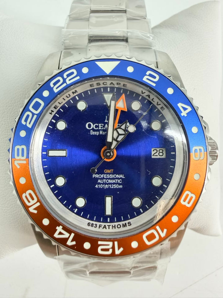 OCEANEVA Blue & Orange Stainless Steel Automatic Watch w/ Box