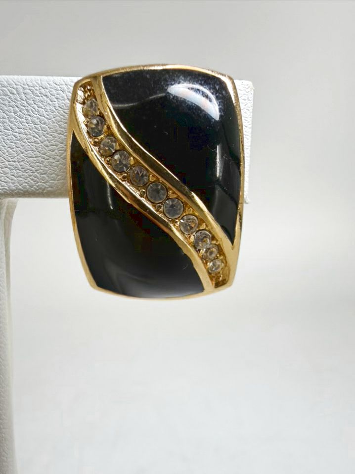 VINTAGE CHRISTIAN DIOR Black Gold Tone Rhinestone Clip On Earrings