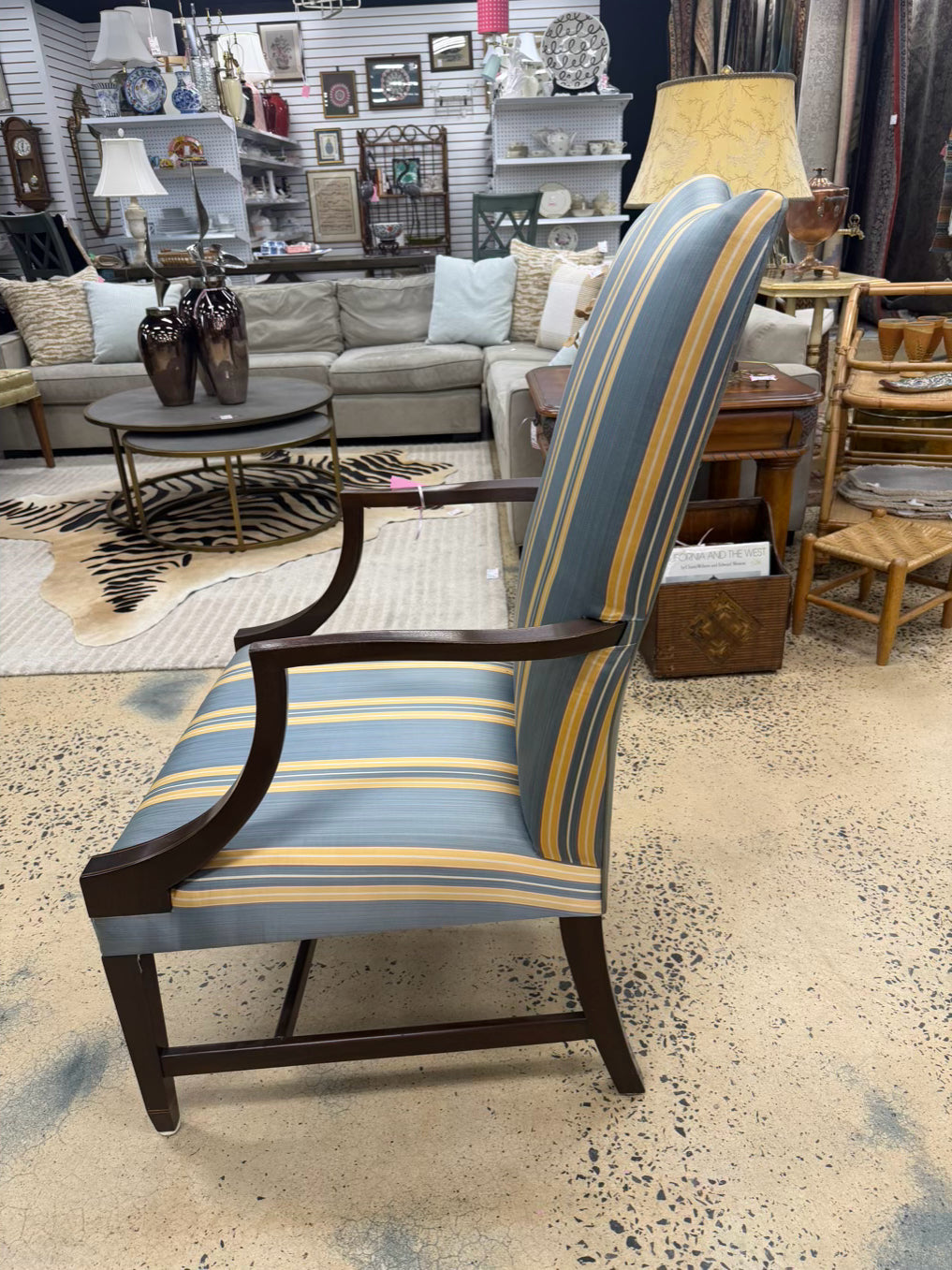 KINDEL MARTHA WASHINGTON Wood Chair w/ Blue & Yellow Stripe Fabric