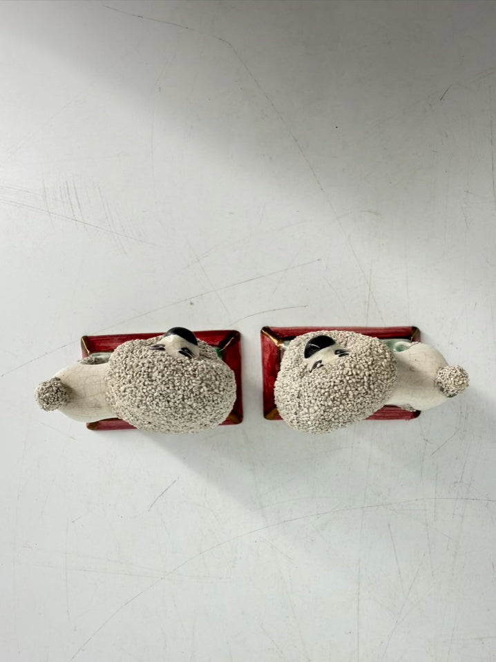 STAFFORDSHIRE White & Green Ceramic Confetti Poodle Pair Of Figurines