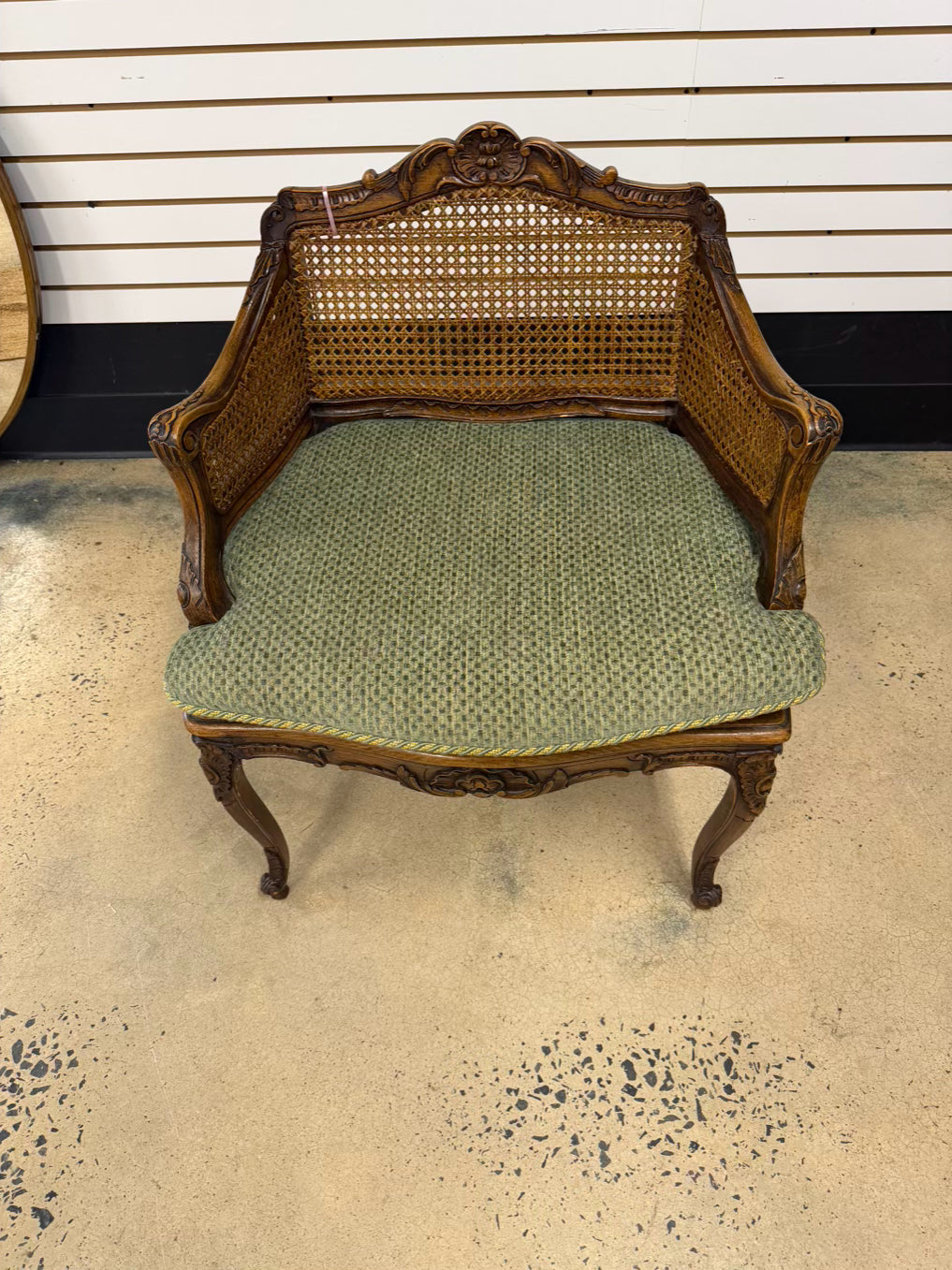 Louis XV Medium Brown Wood Chair w/ Cane Back & Seat Cushion