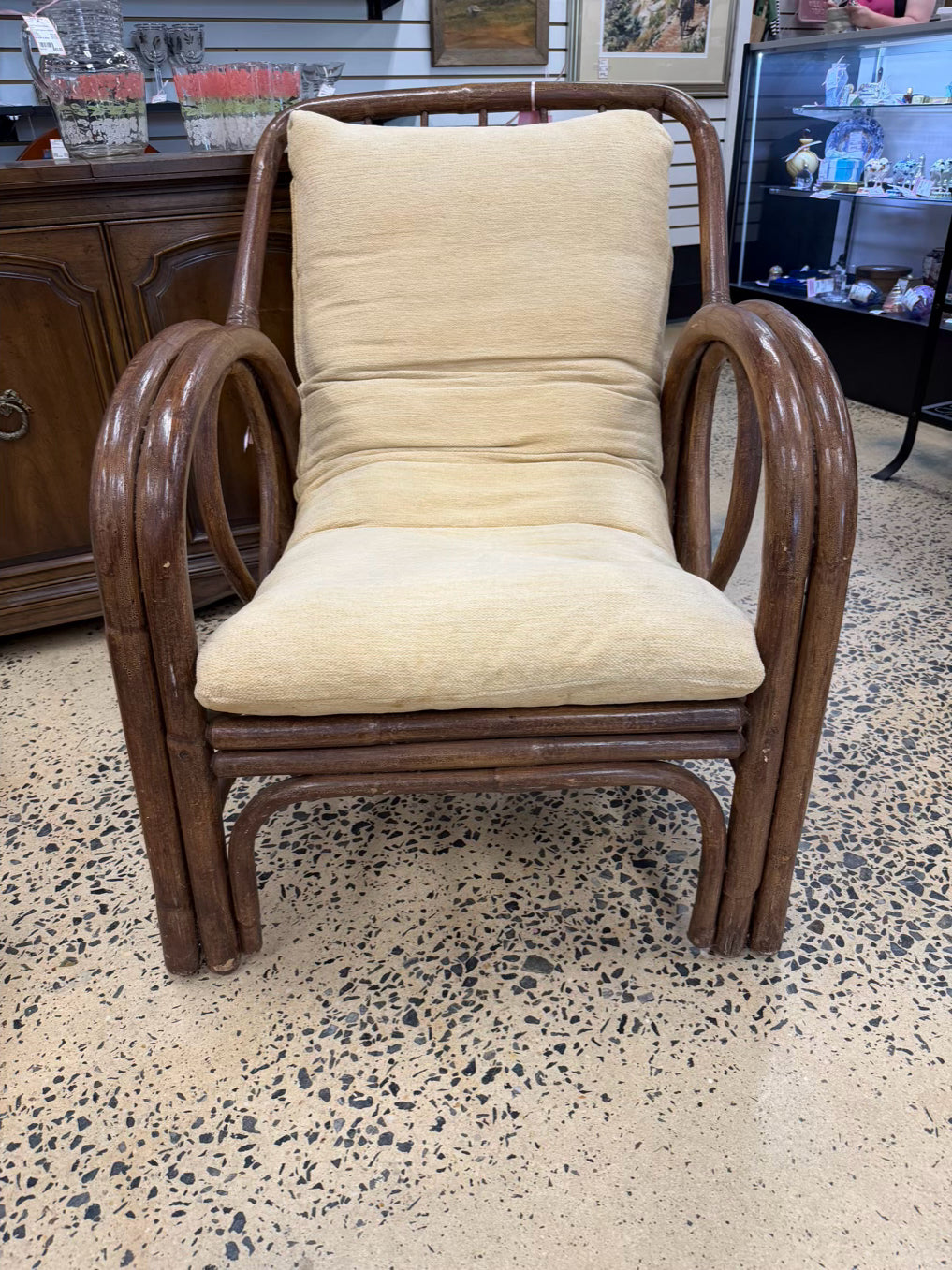 VINTAGE Medium Wood Bamboo Chair w/ Ottoman