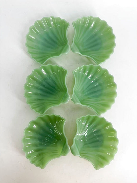 ANCHOR HOCKING Green Depression Glass Shell Set Of 6 Dessert Plates