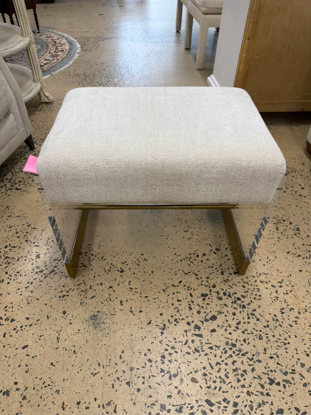 Lucite & Brass Stool w/ Cream Fabric