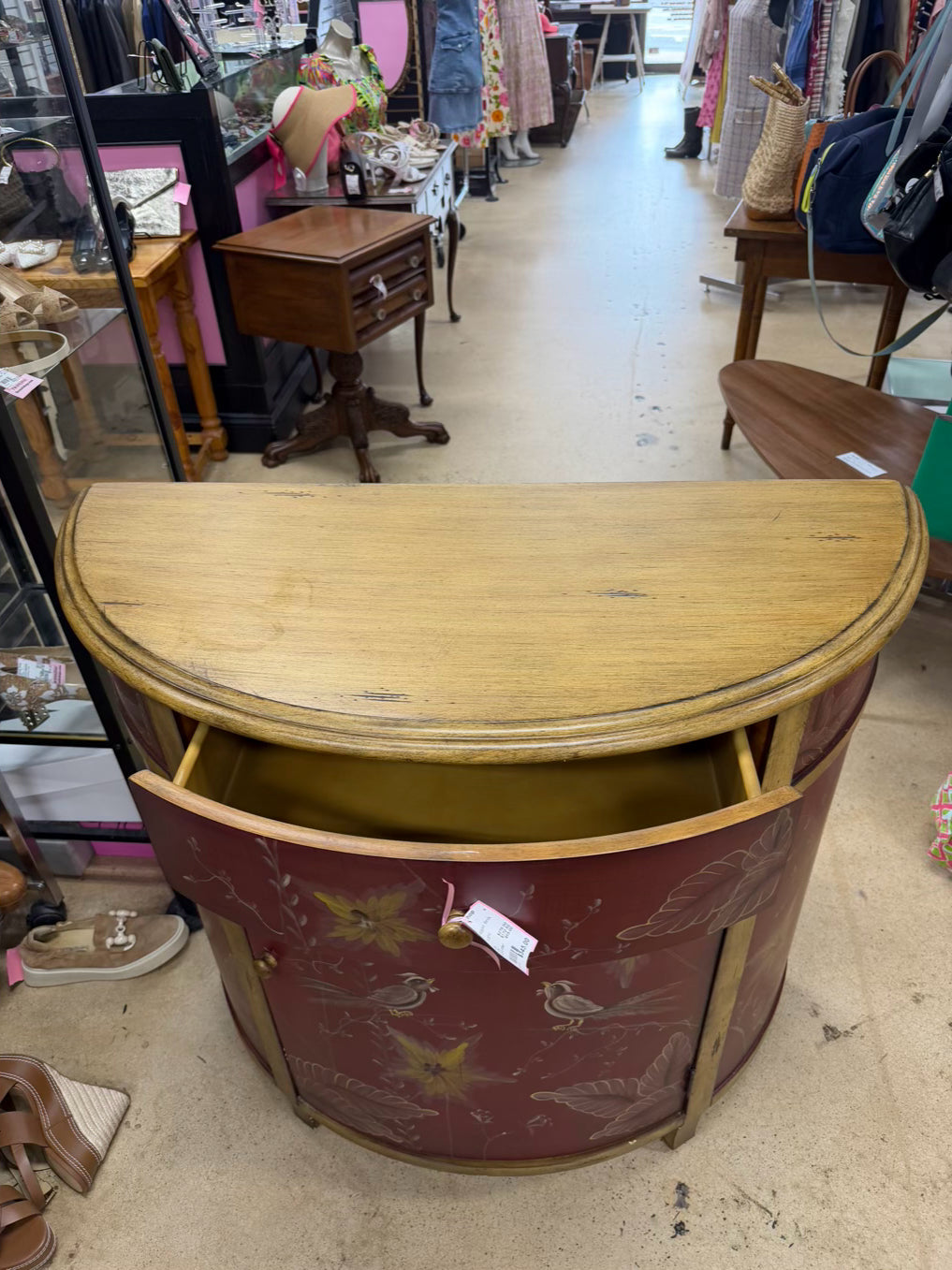 Red & Gold Demilune Birds Cabinet w/ Drawer