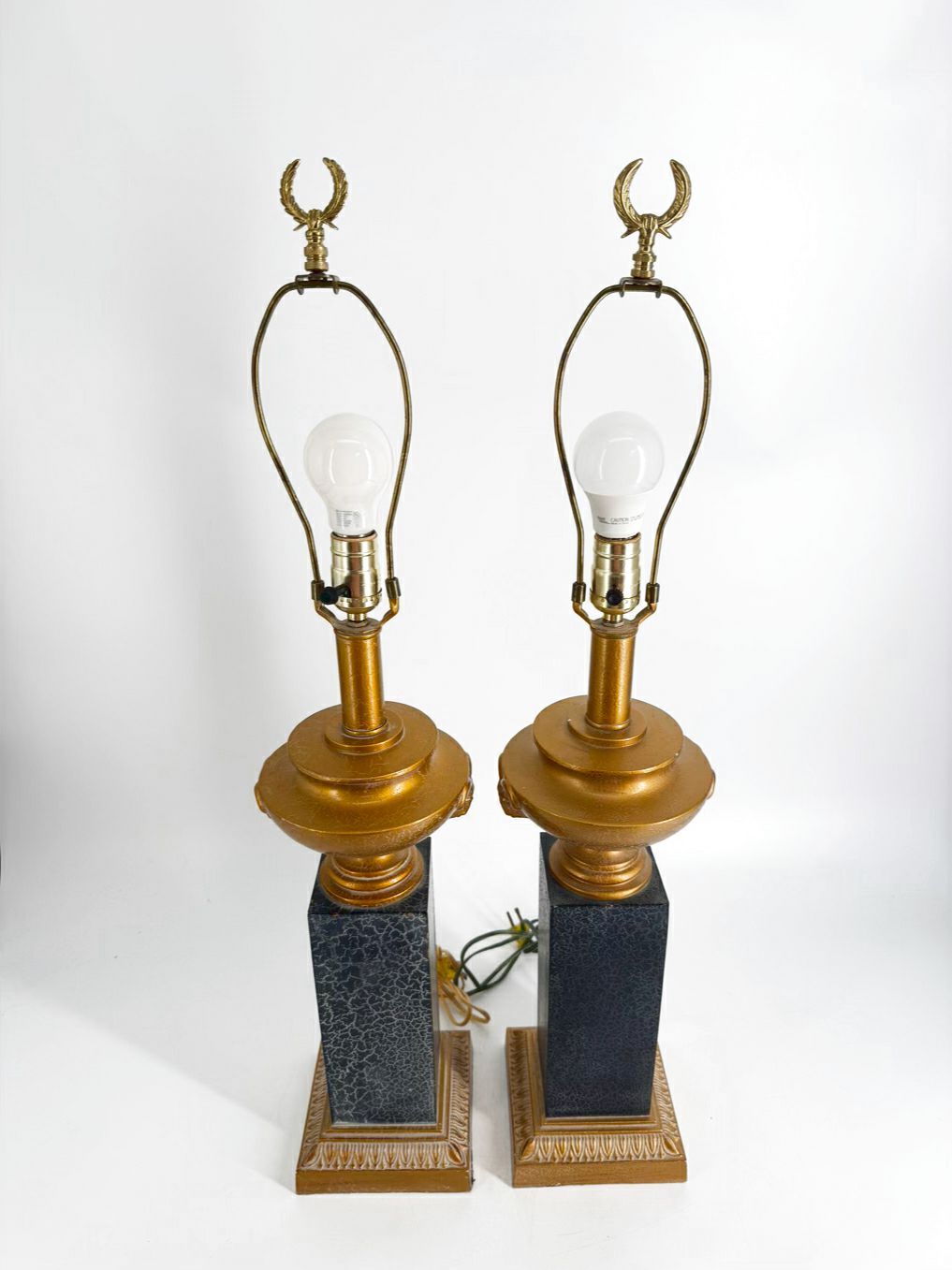 Black & Gold Column Pair Of Lamps w/ Rams Head Design No Shades