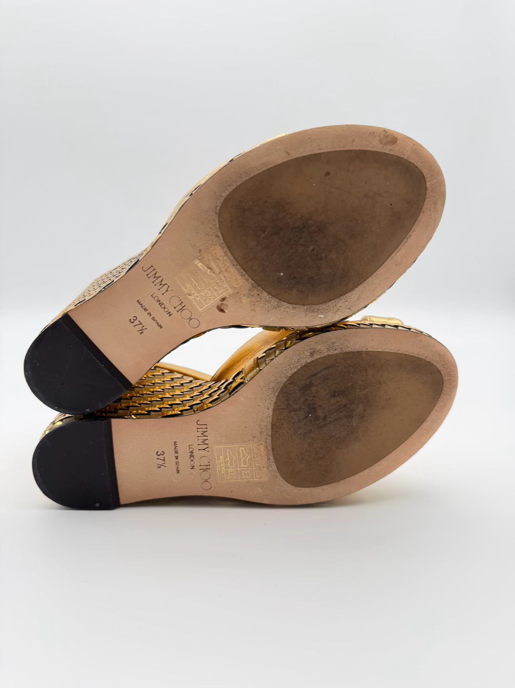JIMMY CHOO WMNS Size 37.5 Almer Metallic Gold Woven Leather Wedge Sandals