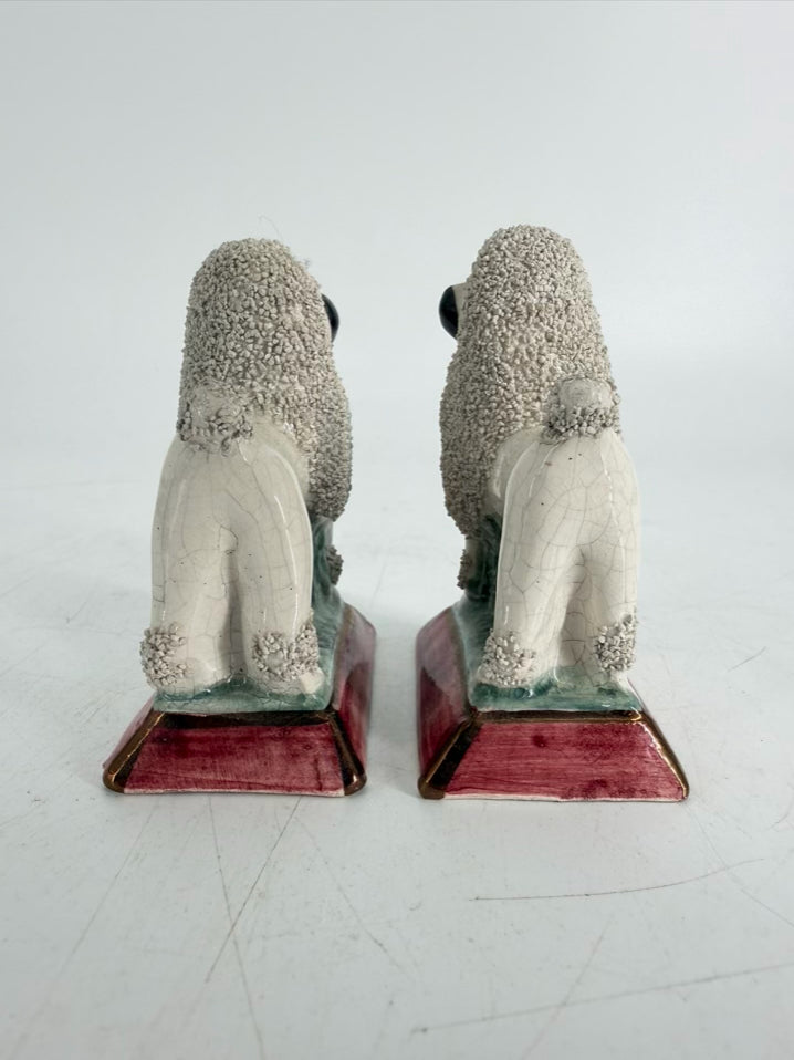 STAFFORDSHIRE White & Green Ceramic Confetti Poodle Pair Of Figurines