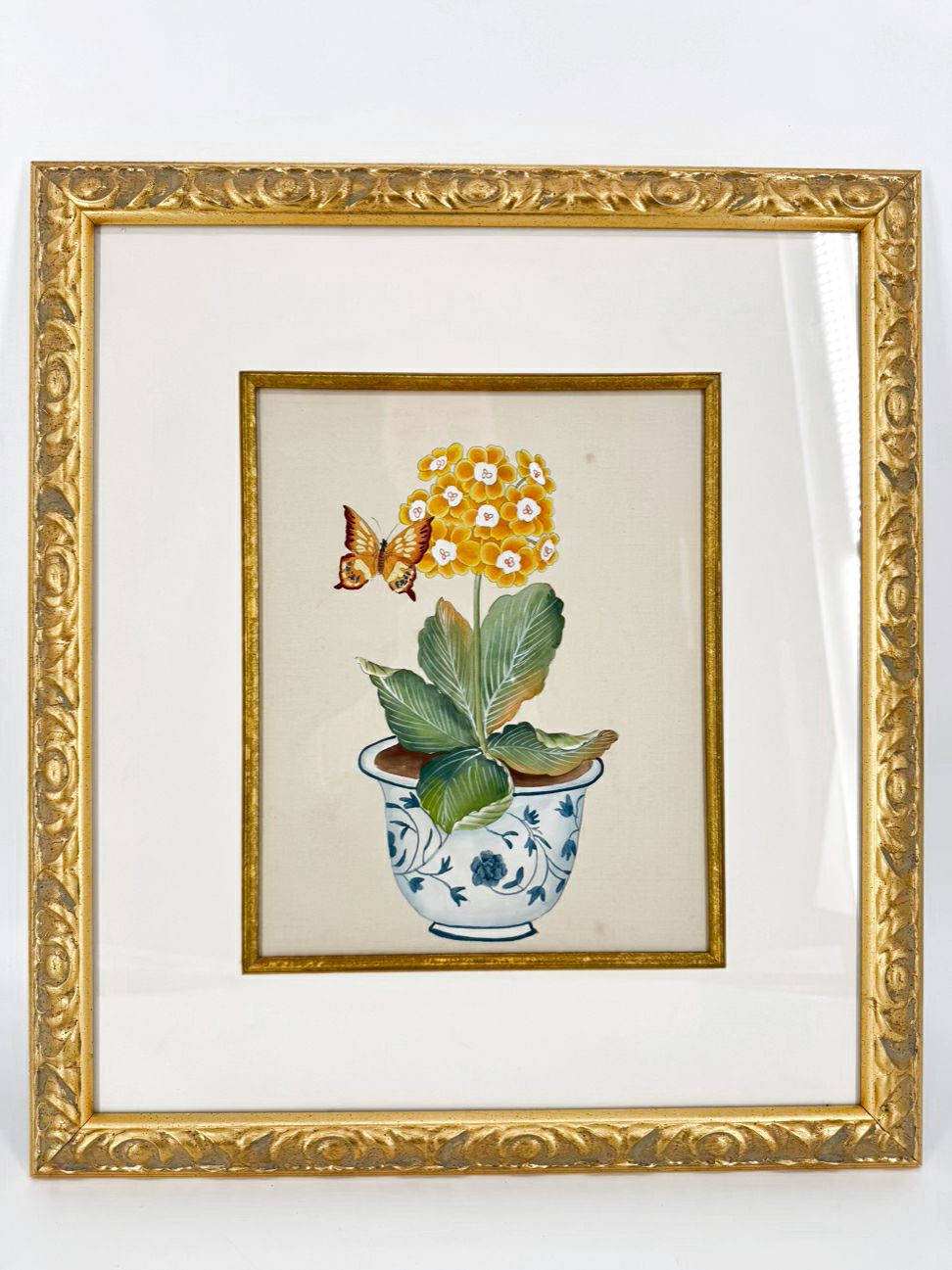 CHELSEA HOUSE Yellow Flower w/ Butterfly Painting on Silk in Gold Frame