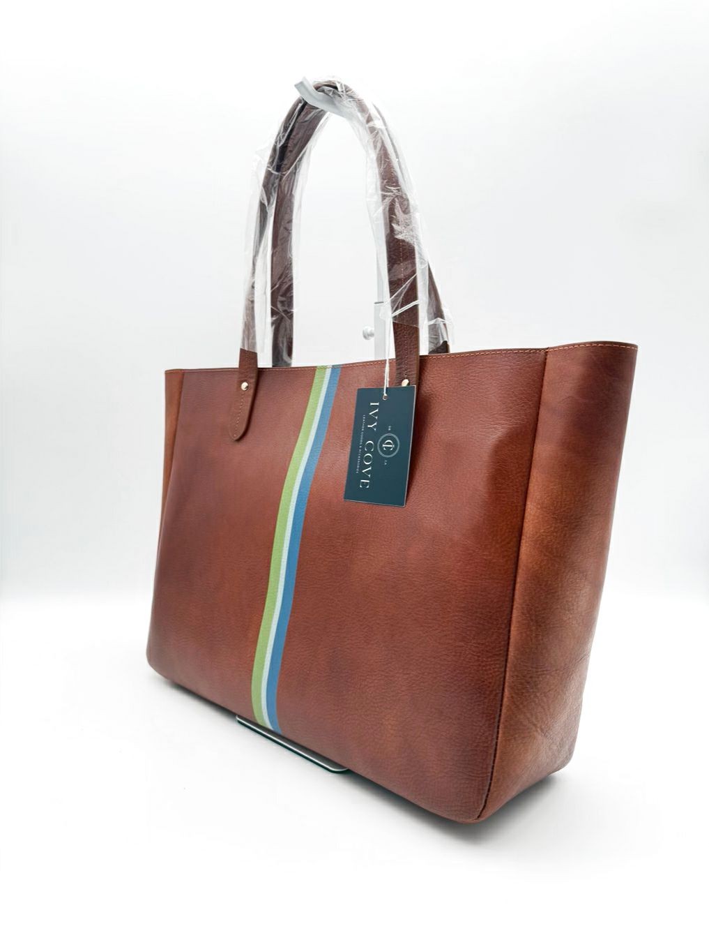 IVY COVE East West Brown & Blue Stripe Leather Tote Bag NWT