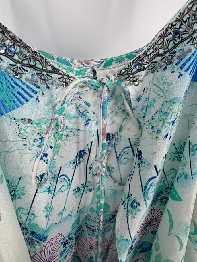 CAMILLA Size L Teal Floral Jeweled Silk Romper