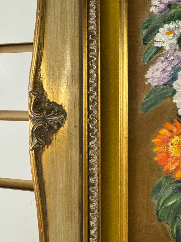 S. JOHNSON Orange & Purple Flowers in Vase Painting in Gold Frame