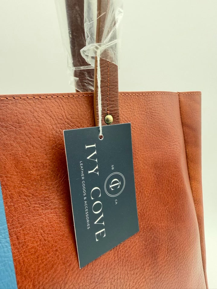 IVY COVE East West Brown & Blue Stripe Leather Tote Bag NWT