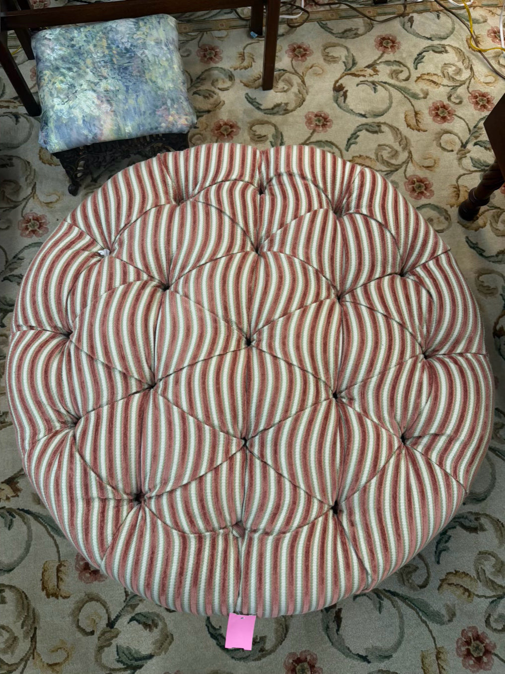 Pink, Green & White Tufted Stripe Ottoman