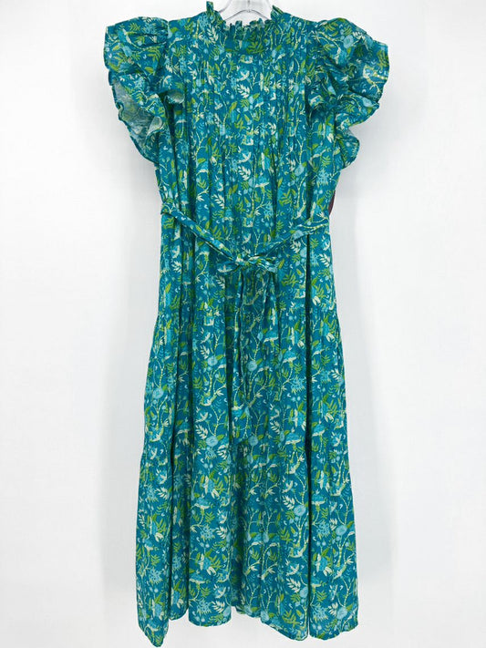 VICTORIA DUNN Size M Teal Floral Print Dress w/ Belt