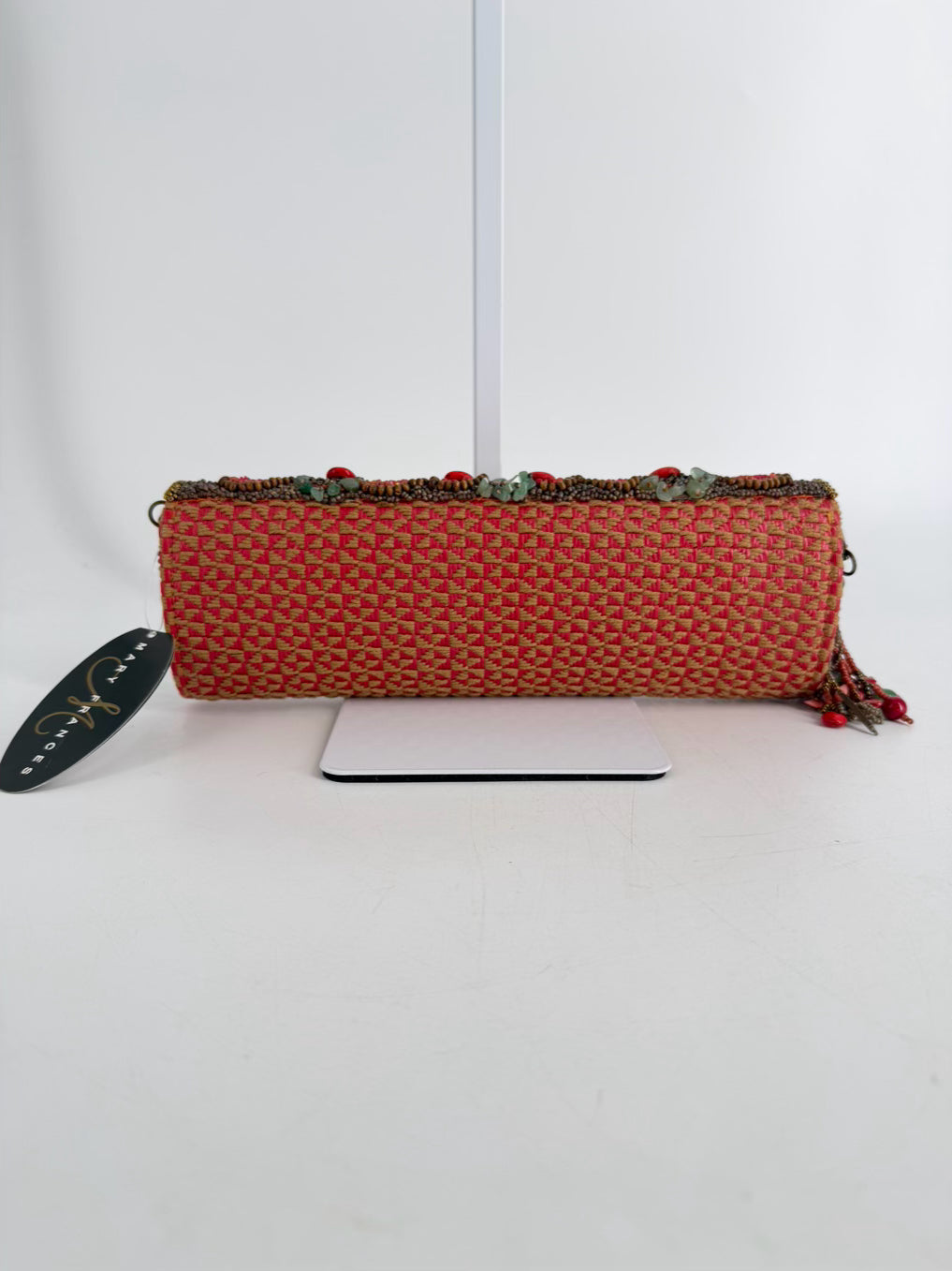 MARY FRANCES Orange, Blue & Pink Fabric & Beads Beaded Clutch Bag NWT