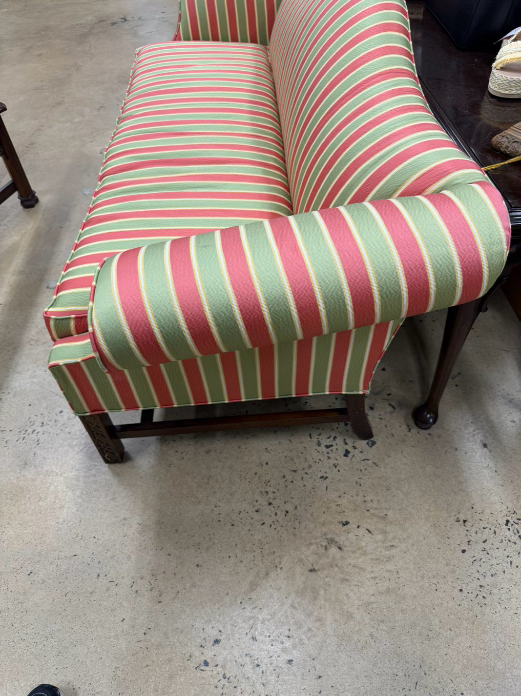 Salmon, Green & Yellow Striped Chippendale Sofa