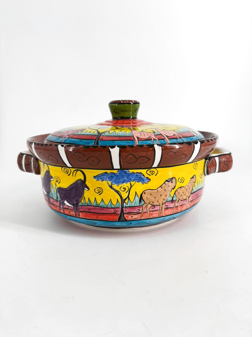 ZIMBABWE Multi Colored Hand Painted Jungle Animals Ceramic Casserole Dish