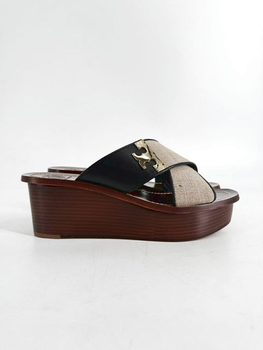 TORY BURCH Size WMNS 8.5 Black & Beige Canvas and Leather Platform Slide Sandals