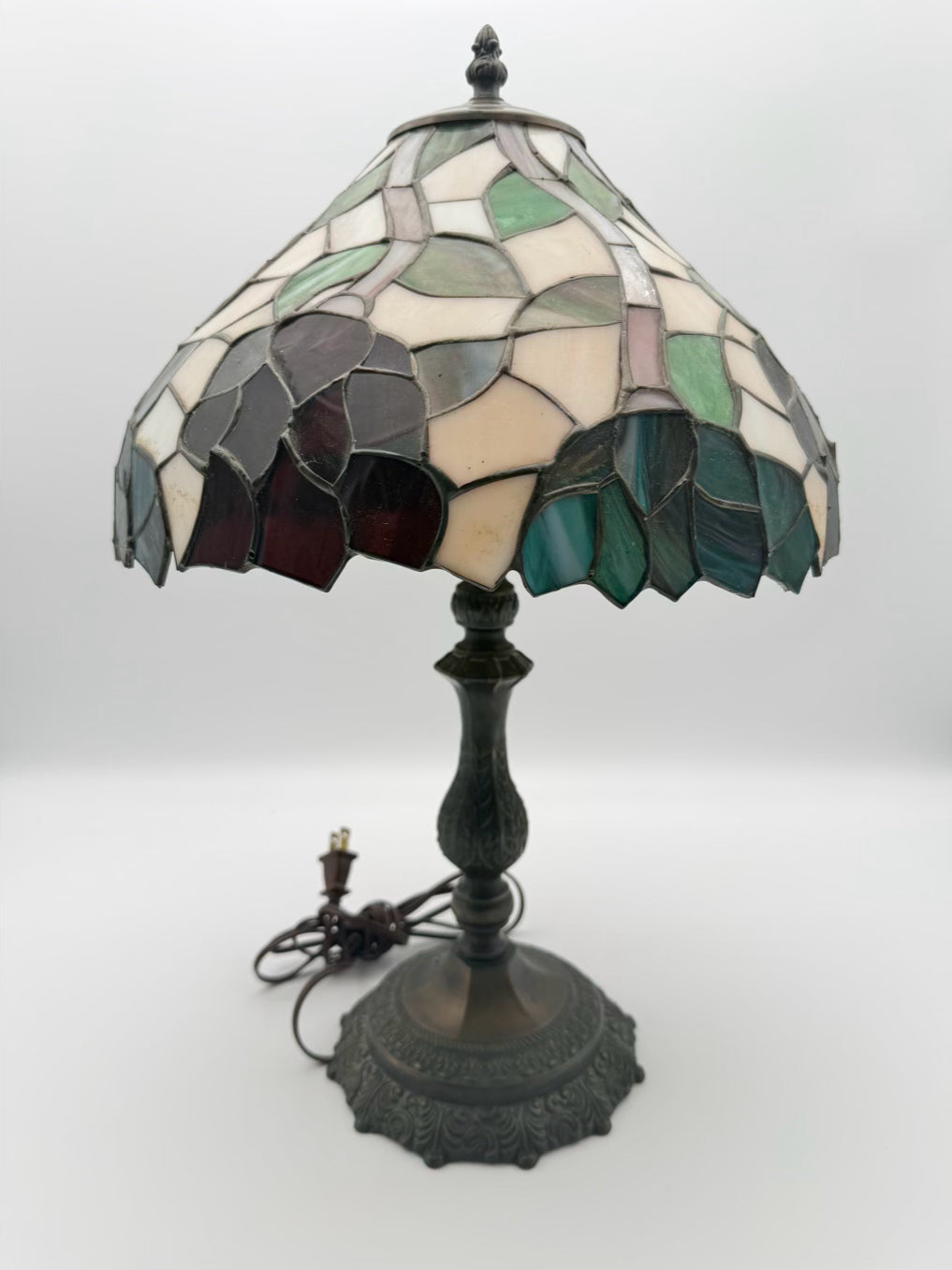 Tiffany Style Metal Lamp w/ Purple, Green & White Shade