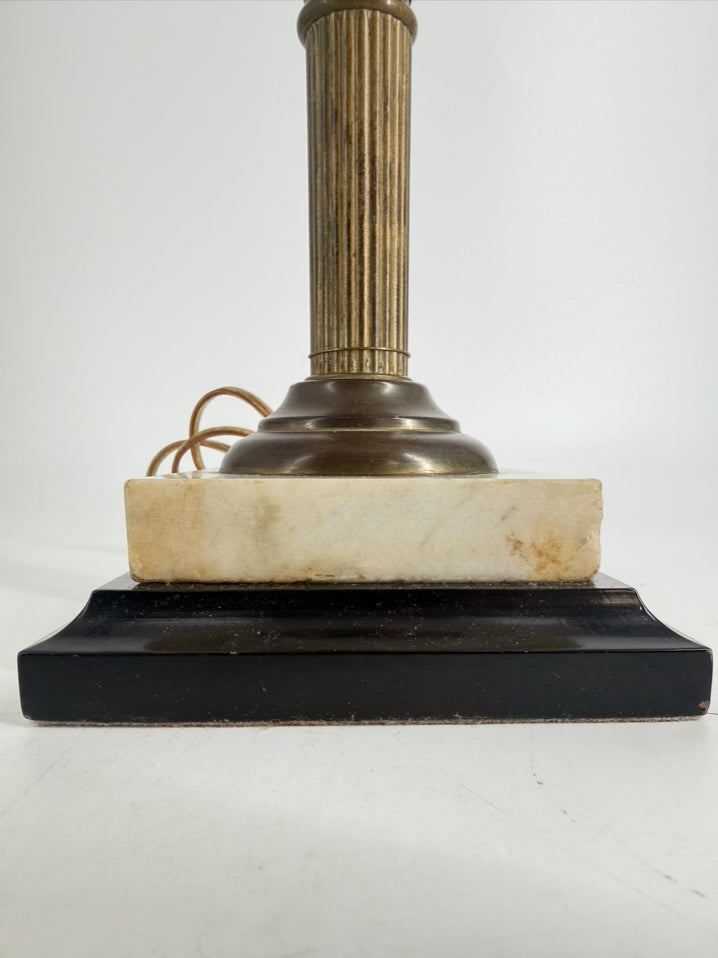 ANTIQUE Purple Glass, Brass, & Marble Lamp w/ Needlework Shade