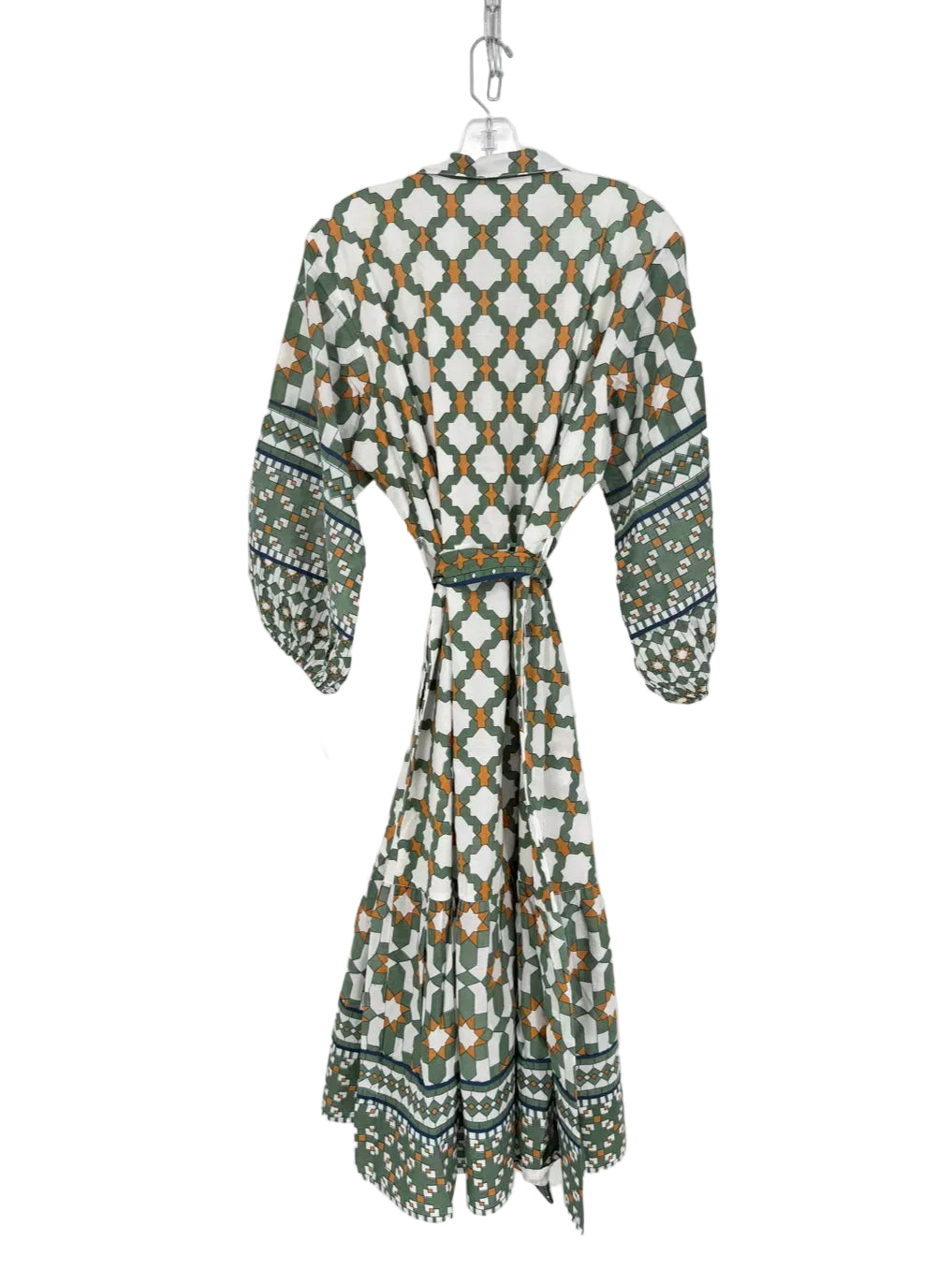 SUE SARTOR Size XL Green & Cream Print Belted Midi-Dress NWT