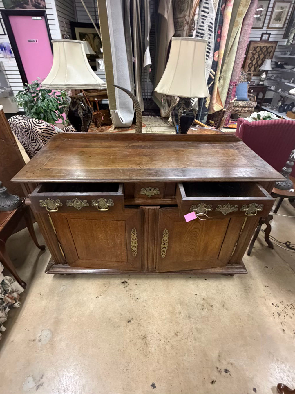 ANTIQUE Medium Dark Oak French Side Board w/ Large Brass Trim