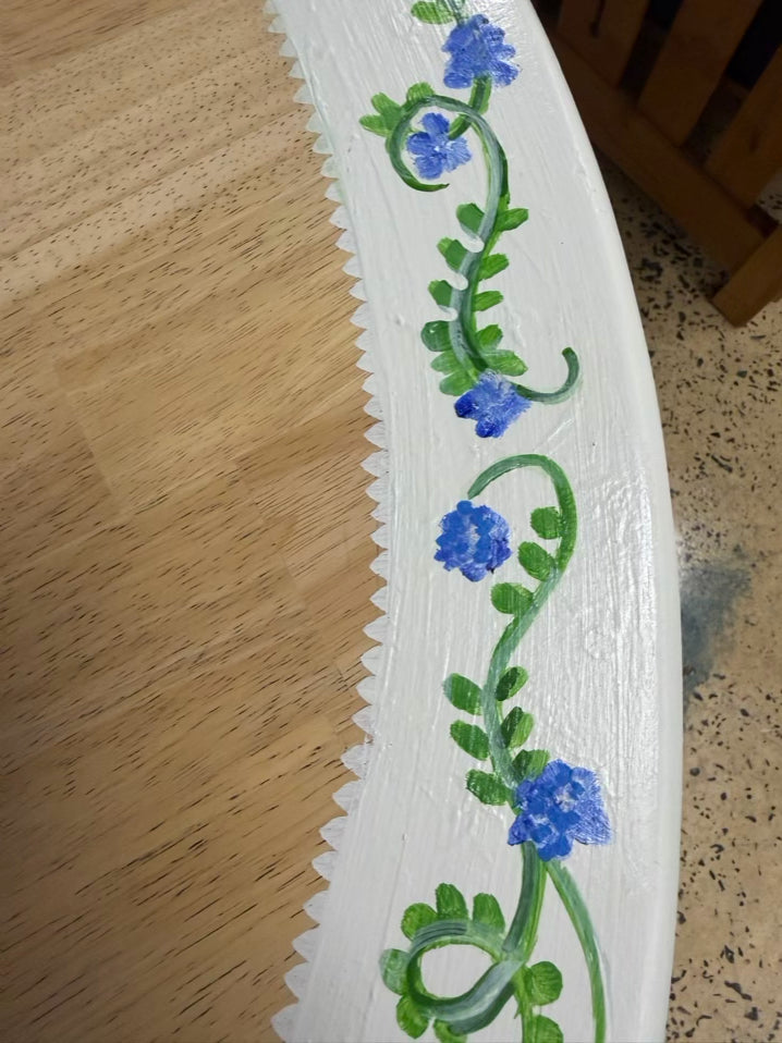 Blue, White & Green Natural Wood Hand Painted Boarder Round Table