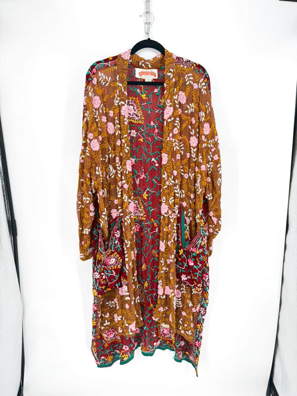 KANTHA BAE Size Wmn's Free Size Brown&Burgundy Embroidered Floral Duster
