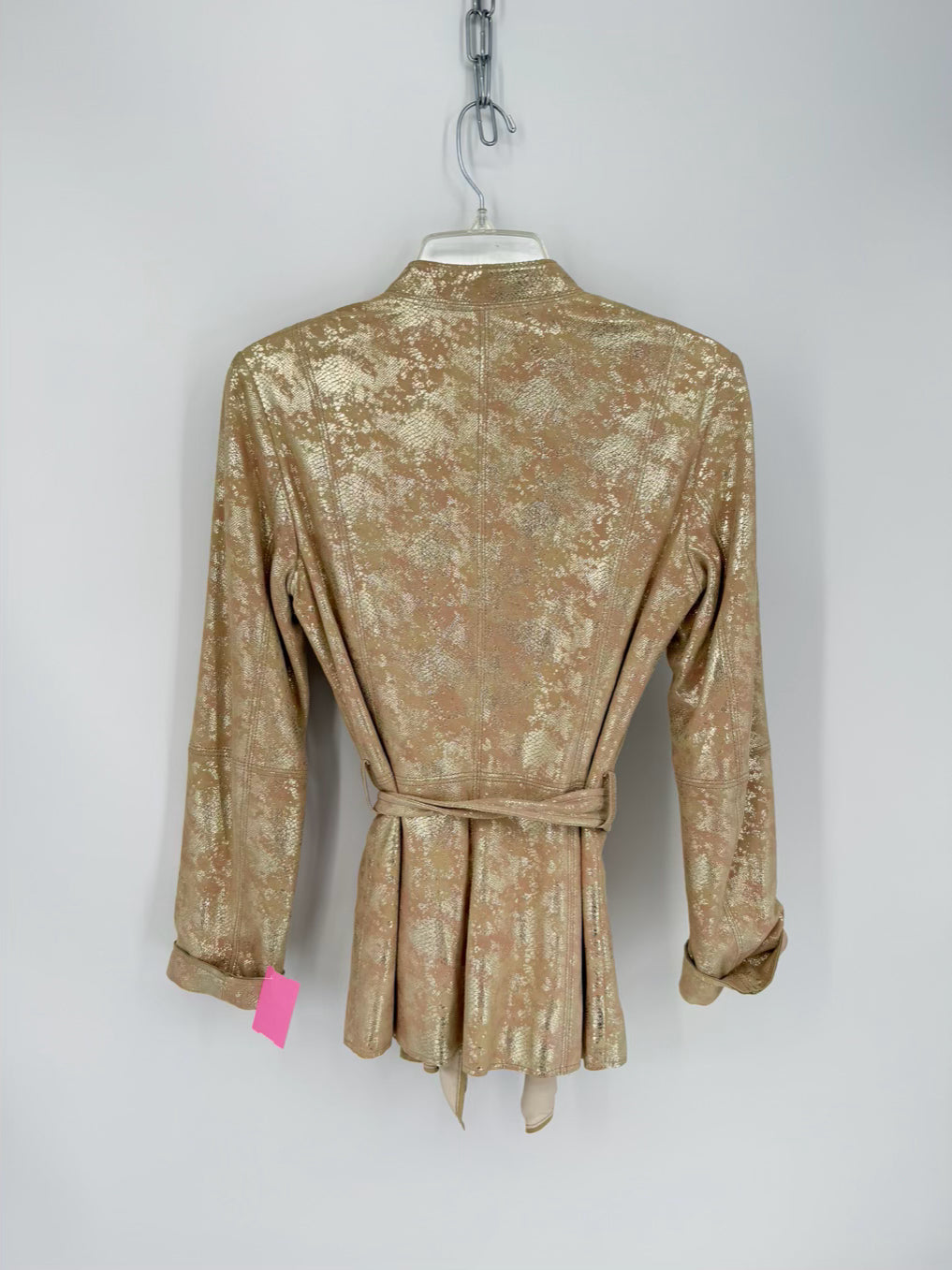 ST JOHN Wmn's Size 4 Beige Silk Lining Snake Print Metallic Belted Jacket
