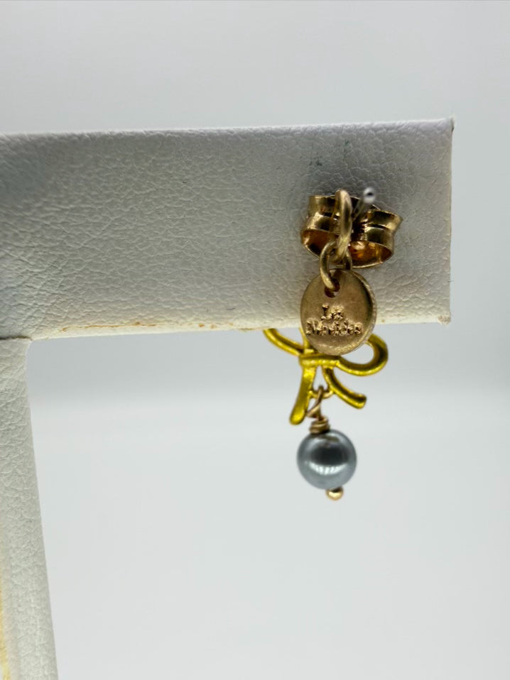 LES NEREIDES Brown Bird & Gold Bow Earrings w/ Silver Faux Pearl