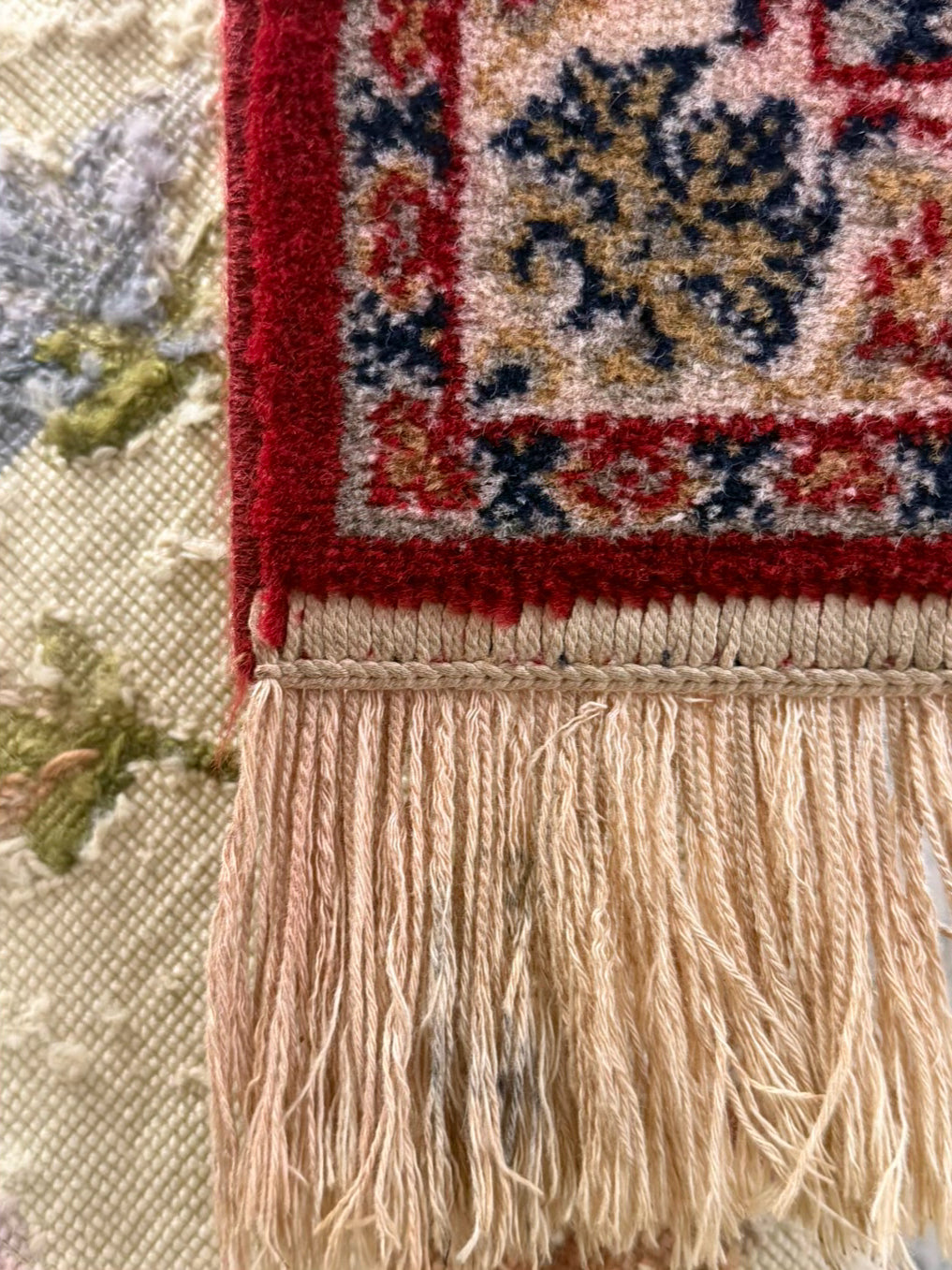 Oriental Red, Cream & Blue Area Rug w/ Fringe