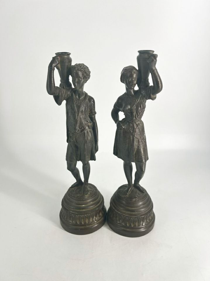 Spelter Man & Woman Figurines Pair of Candlestick Holders