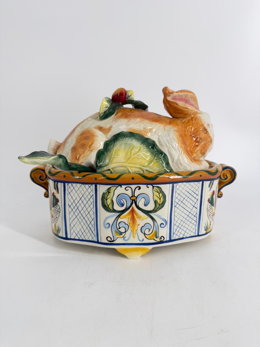 FITZ AND FLOYD RICAMO White, Yellow & Blue Rabbit Figural Soup Tureen w/ Ladle