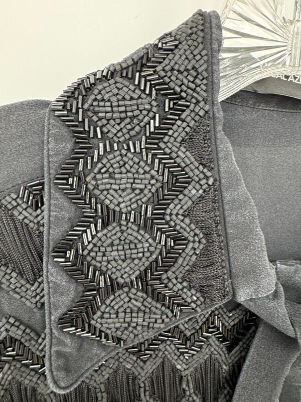 YIGAL AZROUEL Size 10 Black Silk Beaded Detail Tie Neck Blouse