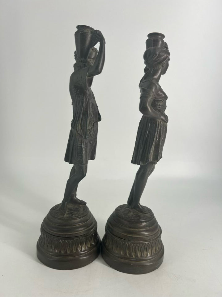 Spelter Man & Woman Figurines Pair of Candlestick Holders
