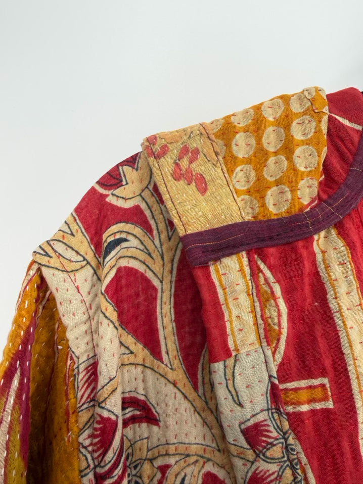 KANTHA BAE Size Wmn's Free Size Red/Beige Hooded Open Front Floral Coat