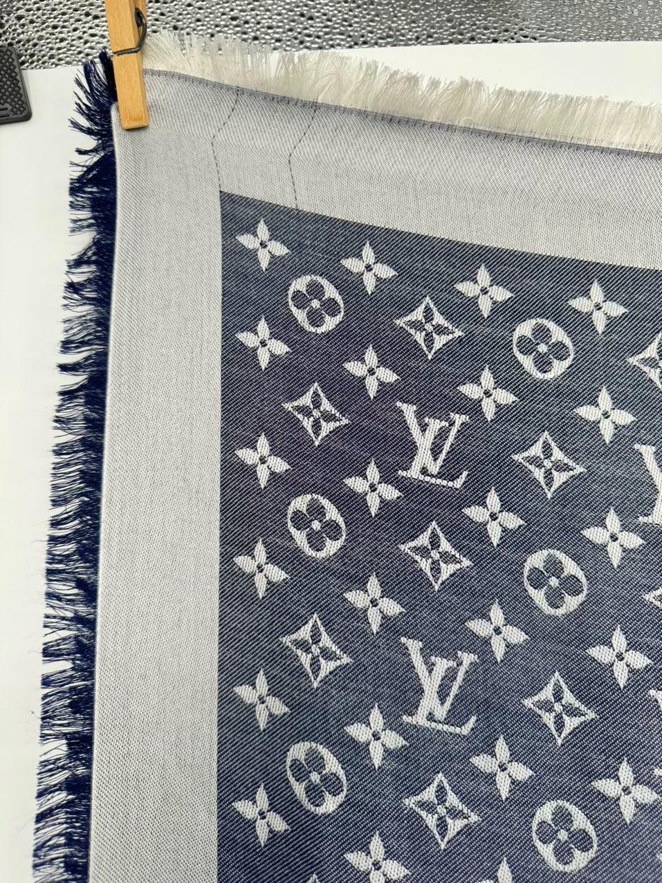 LOUIS VUITTON Blue & Gray Logo Silk & Wool Blend Scarf