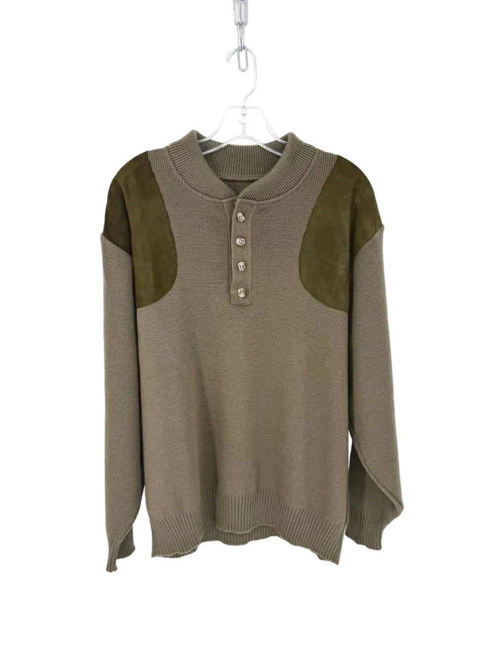 VINTAGE FILSON Men's Size XL Army Green Wool Suede Detail Henley Guide Sweater