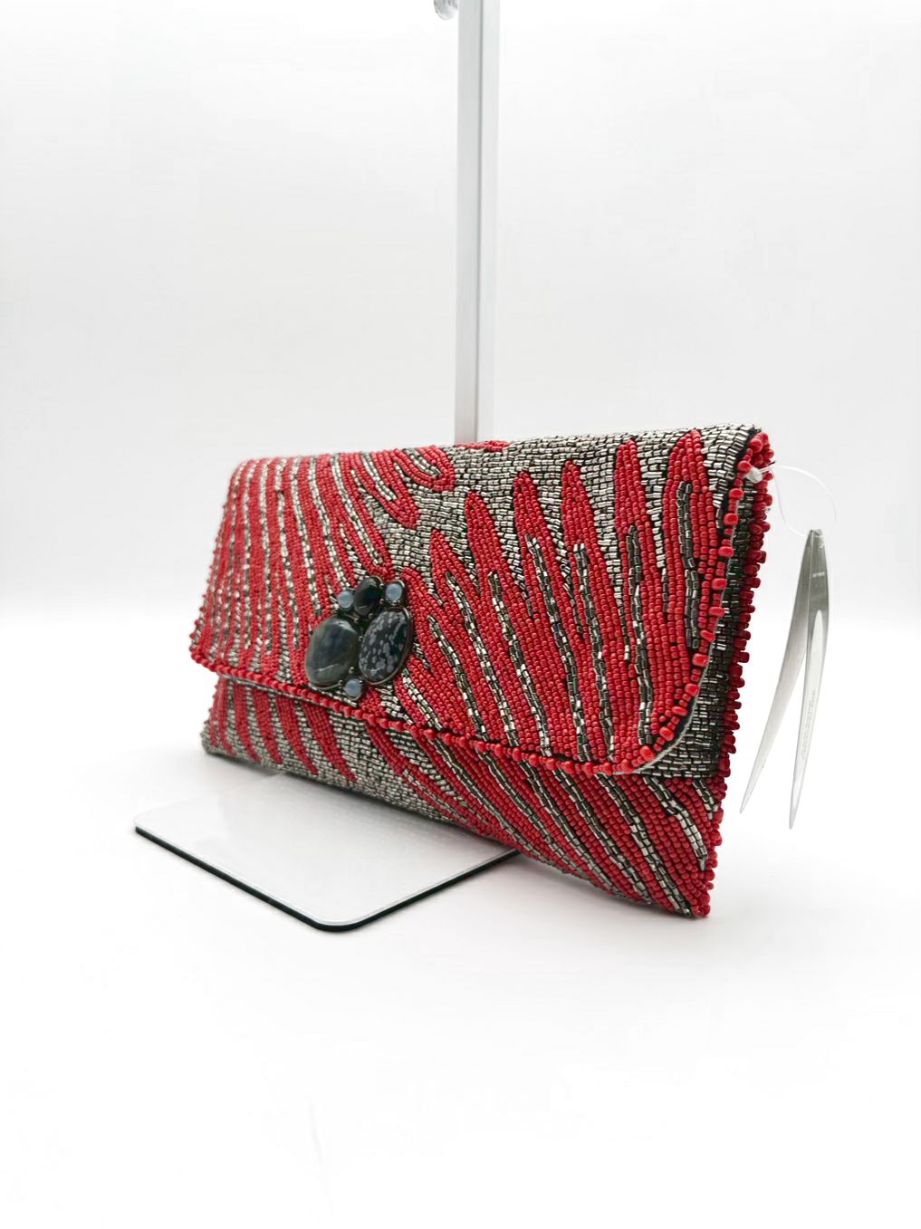 MARY FRANCES Follow Me Beaded Rust & Silver Animal Print Clutch Bag NWT